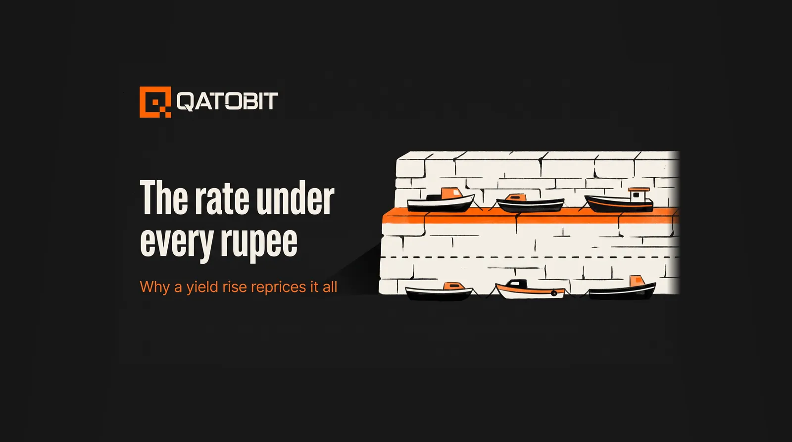 Editorial illustration of a harbour wall with one orange tide line, boats lifted and sunk together by the same tide, headline: The rate under every rupee