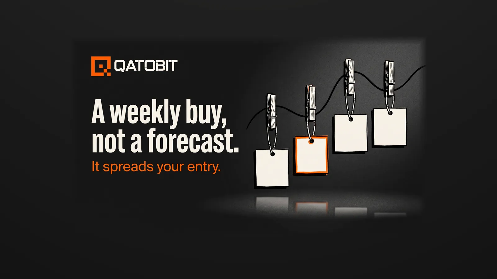 Four equal paper tags pegged to a wavy line at four different heights, with the headline A weekly buy, not a forecast