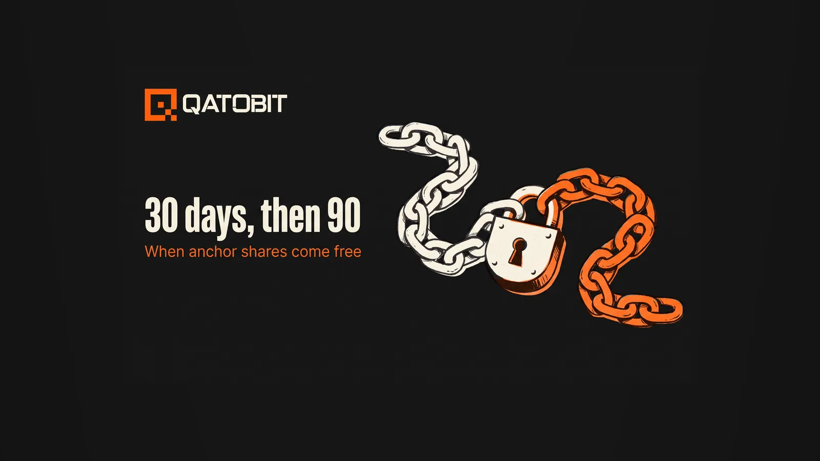 An iron anchor chain in off-white ink turning to orange ink at a single padlock, standing for a 30 day and a 90 day lock-in