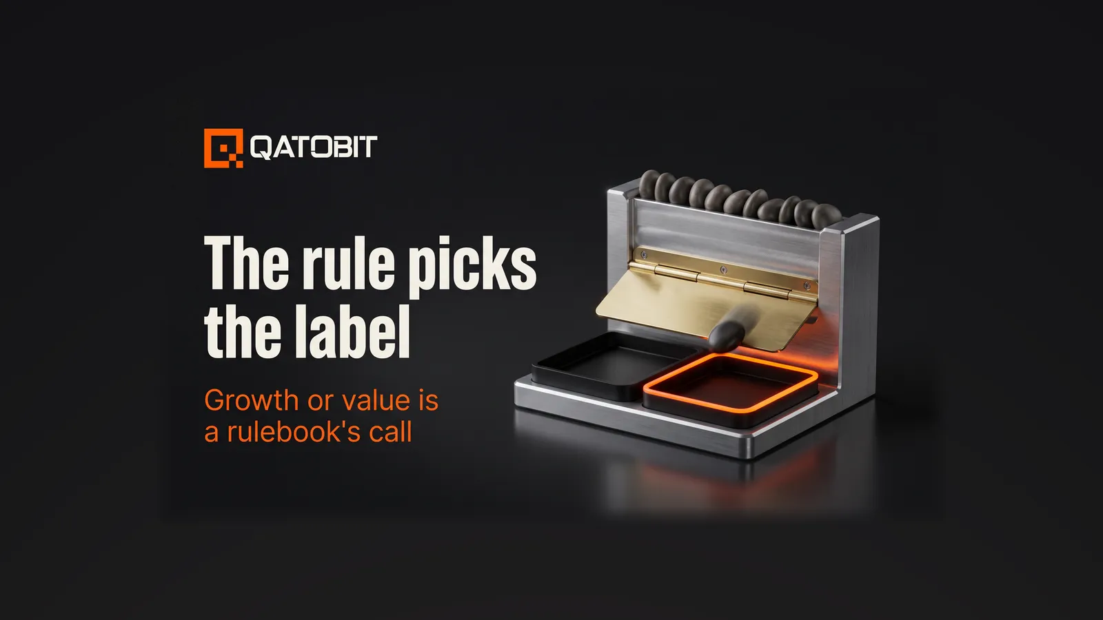 A brushed-aluminium sorting gauge with a brass flap sending one stone toward an orange-rimmed tray, headline: The rule picks the label