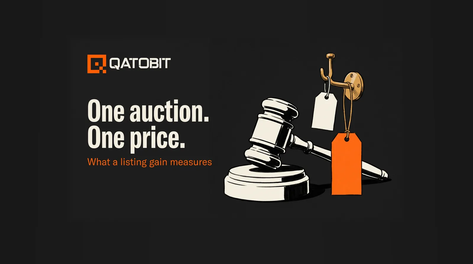 Auctioneer gavel on its block beside two blank price tags, one orange hanging lower, with the headline One auction. One price.