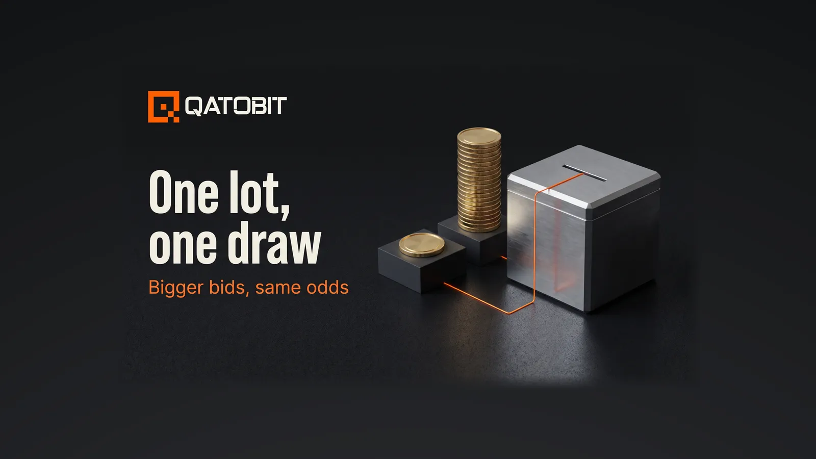 A brushed steel ballot box with one slot, a single brass token and a stack of brass tokens on pedestals, each joined to the same slot by an orange line