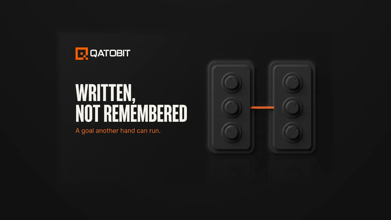 Two identical matte charcoal control plates, each with three dials set the same, joined by a thin orange bar