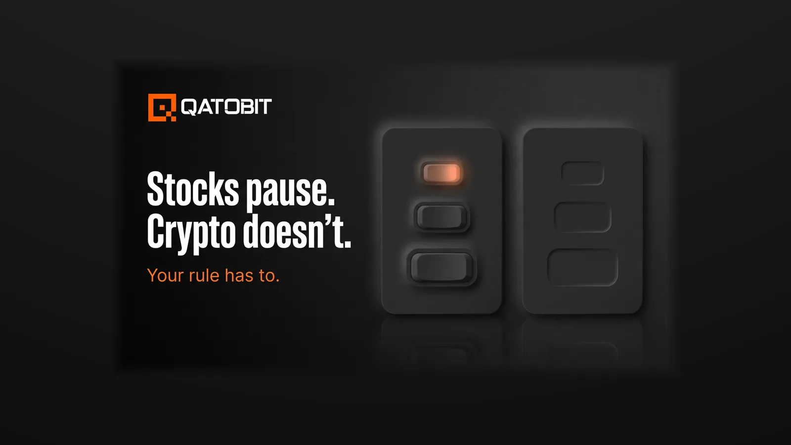 Neumorphic charcoal panels: one with three raised switches, one with empty slots, with the headline Stocks pause. Crypto doesn't.