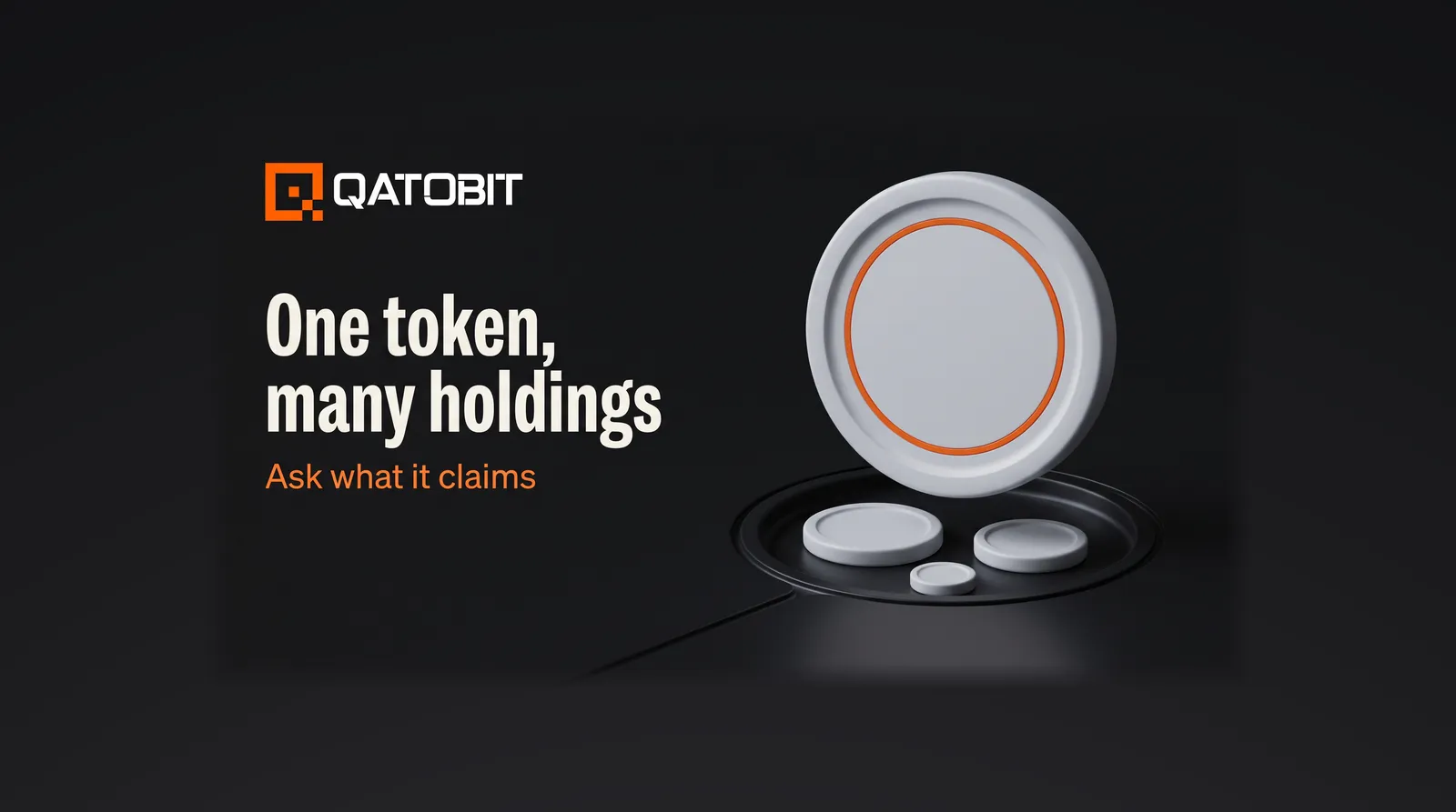 A soft-extruded round token disc with an orange ring above a pressed tray holding three smaller discs, under the headline One token, many holdings.