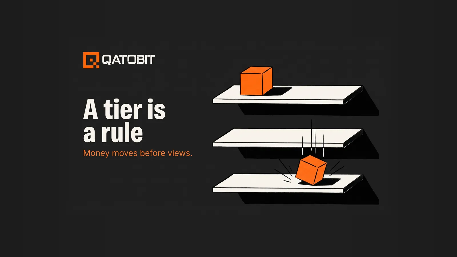 Editorial illustration: three steel shelves, an orange cube falling past the empty middle shelf to the bottom one, with the headline A tier is a rule.
