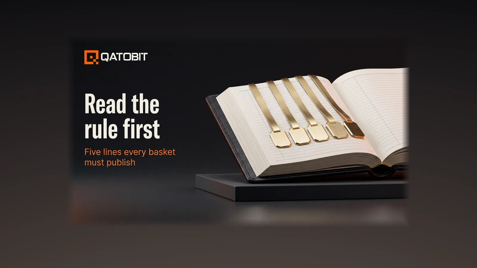 An open black leather ledger with five brass bookmark ribbons across blank ruled pages, beside the headline Read the rule first