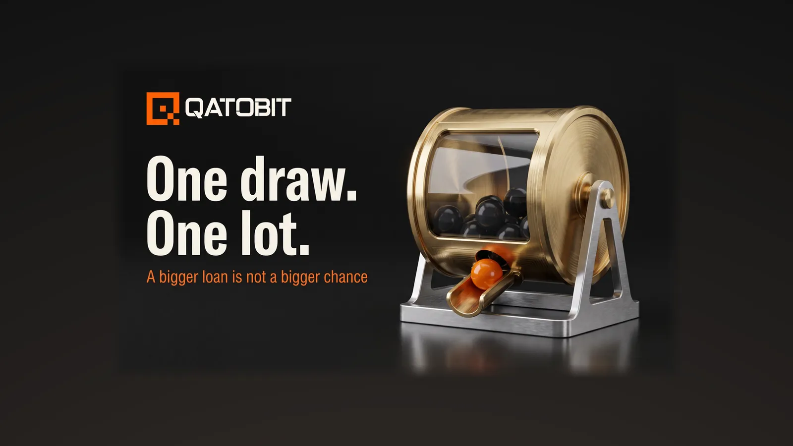 A brass tombola lottery drum on an aluminium stand with one orange ball in its chute, beside the words One draw. One lot.