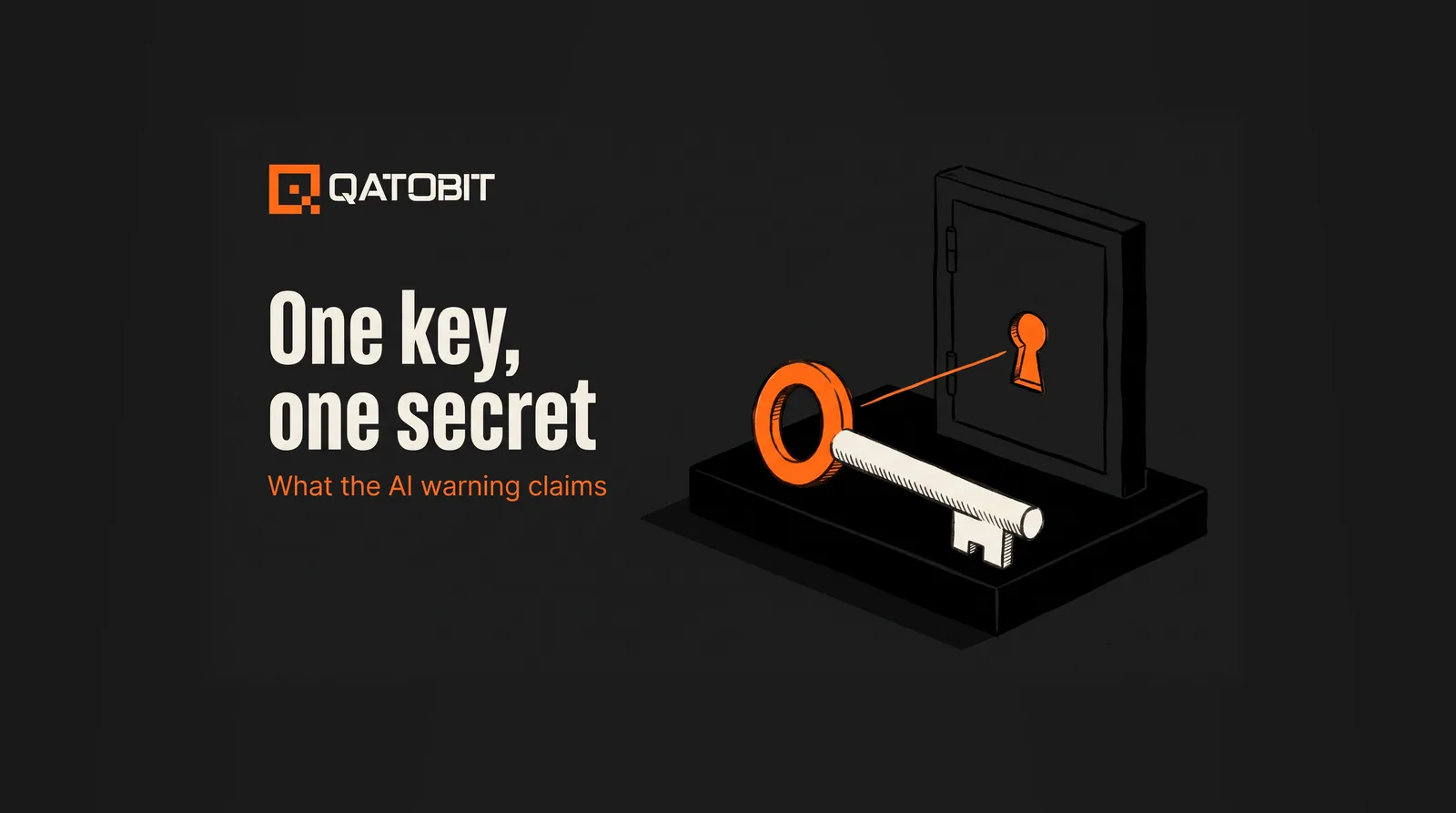 A large off-white key with an orange ring lying on a black plinth before a sealed vault door with one orange keyhole, beside the words One key, one secret