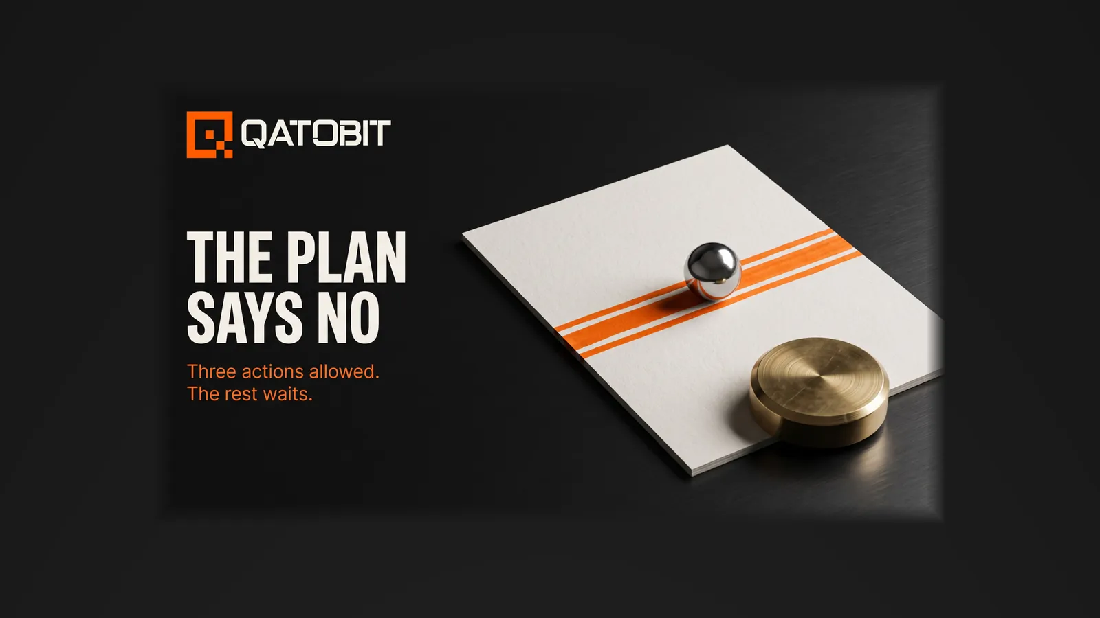 A sheet of paper with an orange band and a steel ball resting still inside it, pinned by a brass paperweight