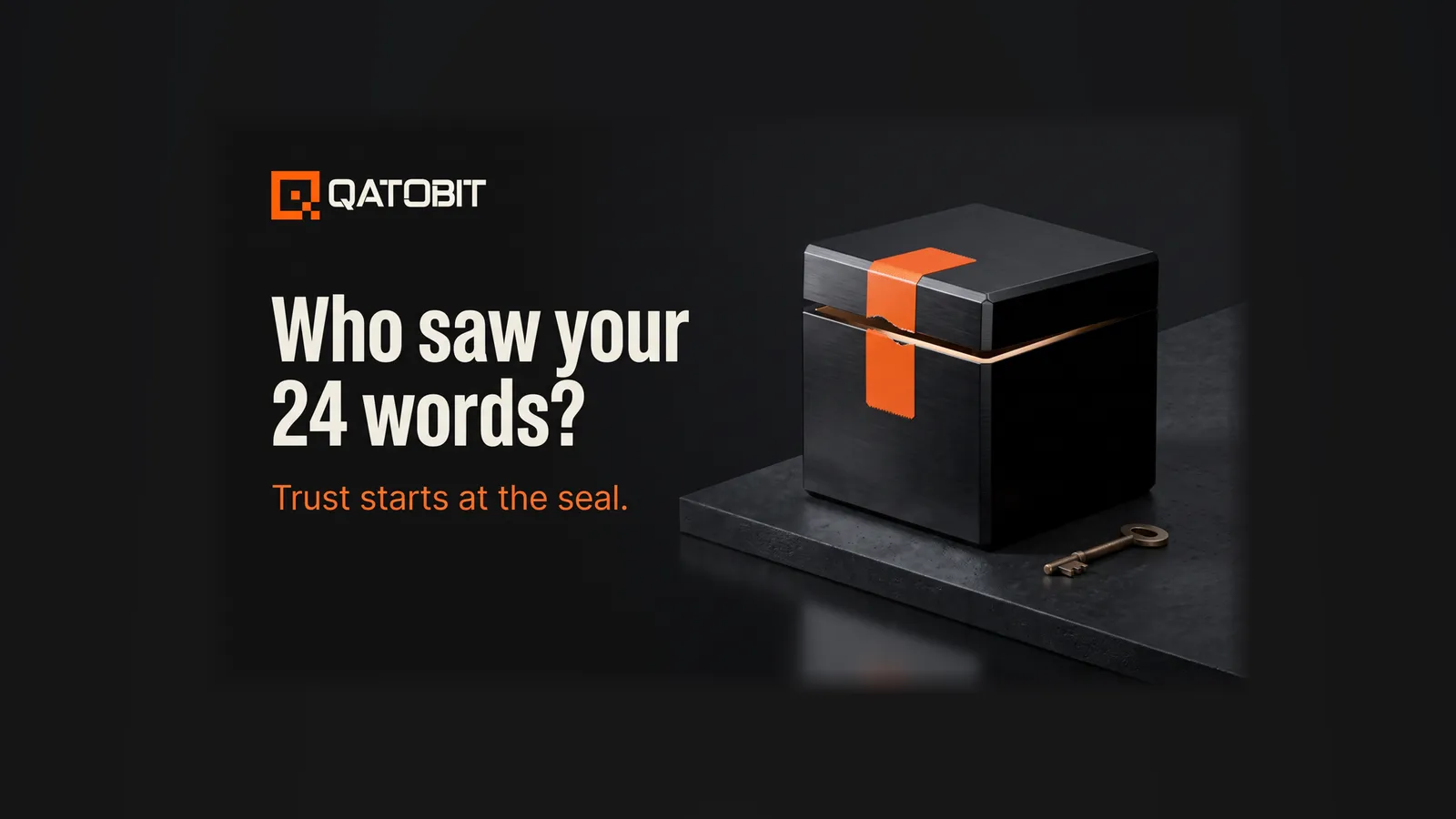 A black machined aluminium box with its orange security seal cut through and the lid lifted, a brass key beside it