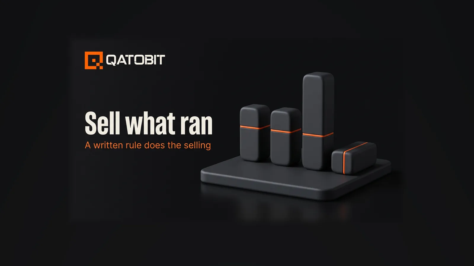 Three matte charcoal pillars on a slab, the tallest cut level with an orange groove, its top slice lying beside it
