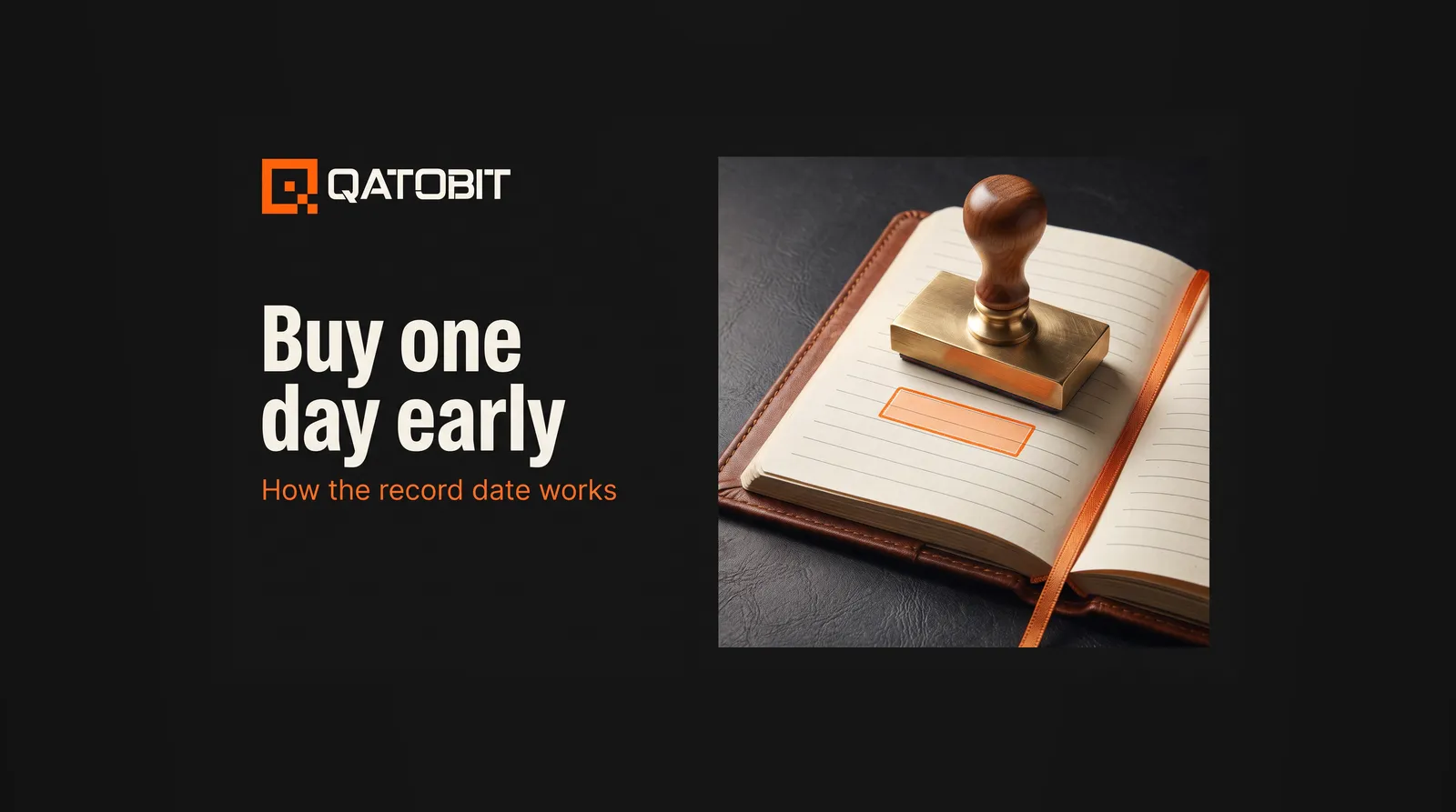 An open leather register with a brass hand stamp resting on one ruled line, beside the headline Buy one day early