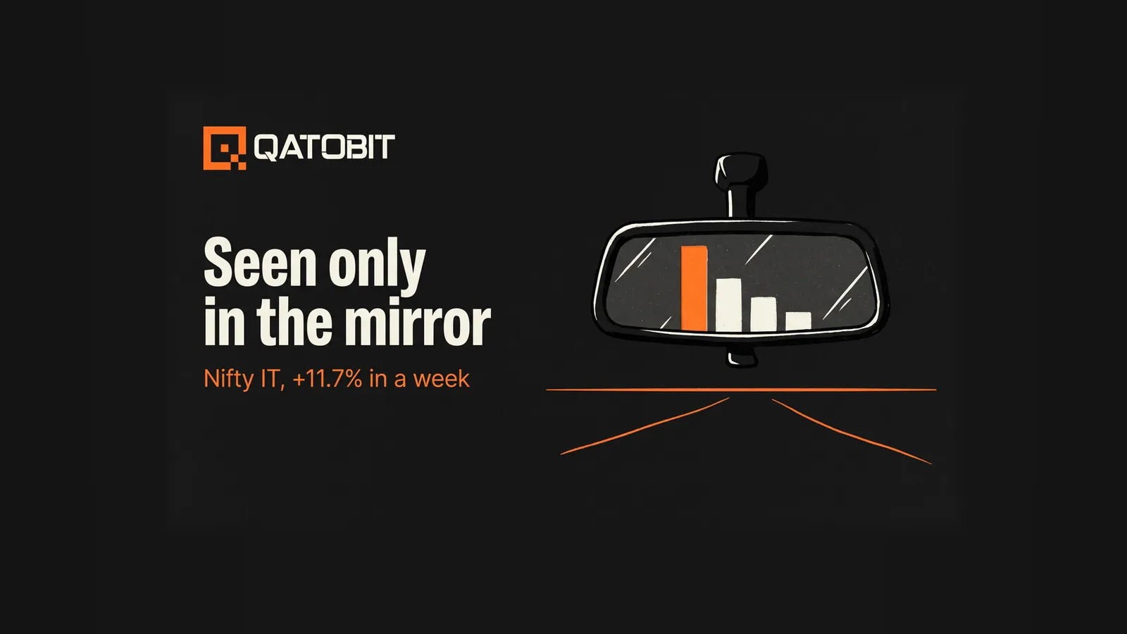 A matte black rear-view mirror reflecting one tall orange bar and three shorter off-white bars, with empty dark road ahead