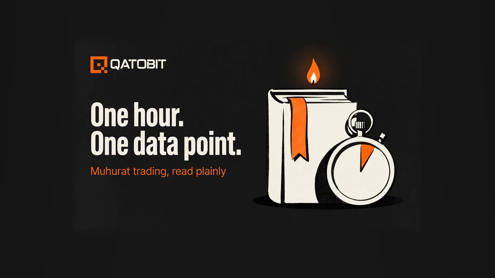 Hand-inked ledger with an orange ribbon bookmark beside a stopwatch showing one shaded minute wedge, a candle flame above, with the headline One hour. One data point.