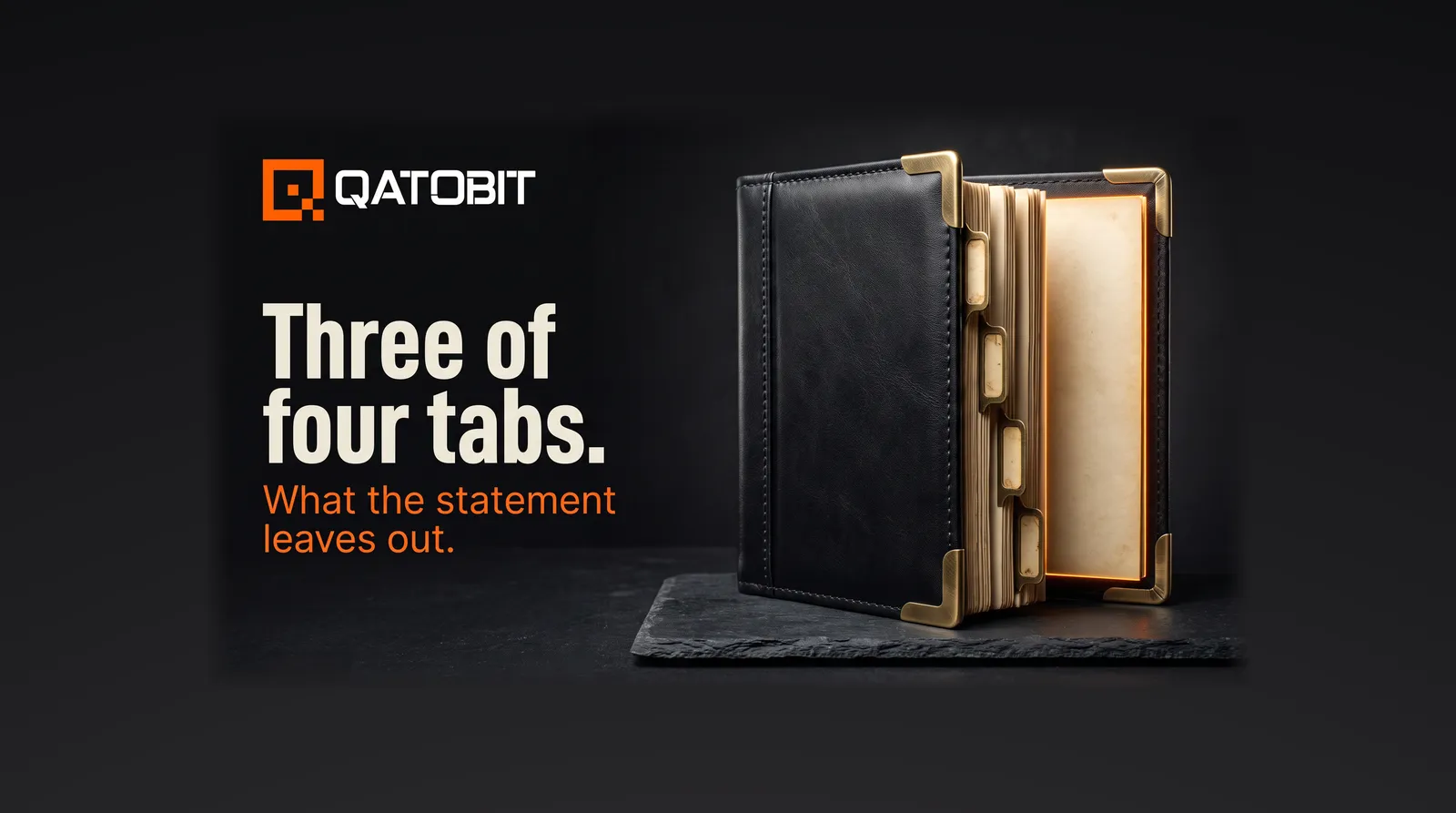 A black leather ledger binder with four index tabs, the fourth holding one blank lit page