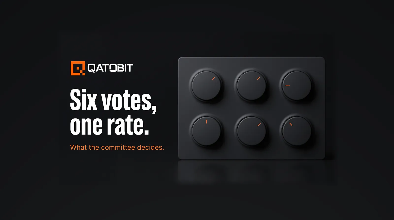Six soft-extruded round dials in two rows of three on a charcoal slab, each turned to a different angle, beside the headline Six votes, one rate.