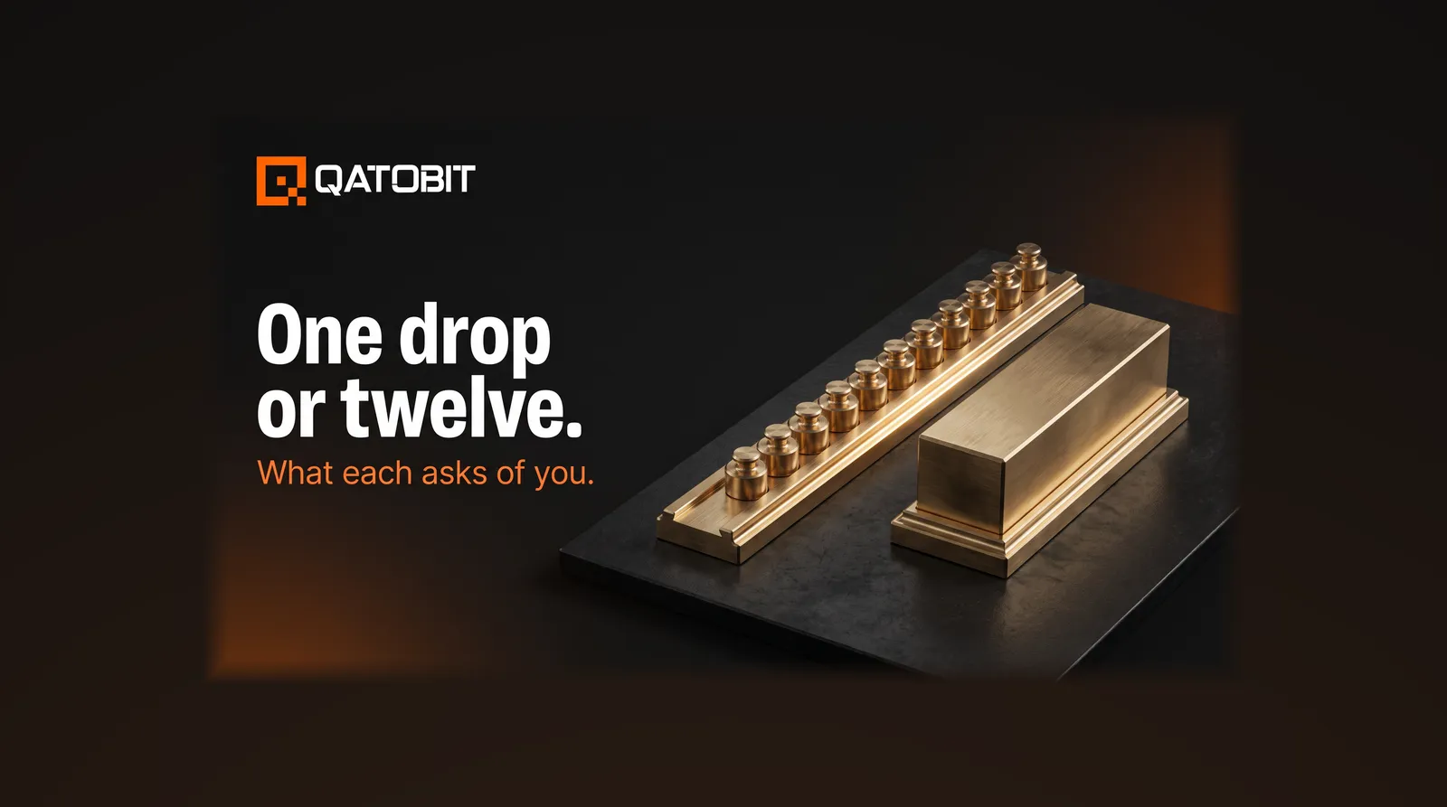 A brushed brass rail holding twelve identical weights at equal spacing beside one solid brass block, with the headline One drop or twelve.
