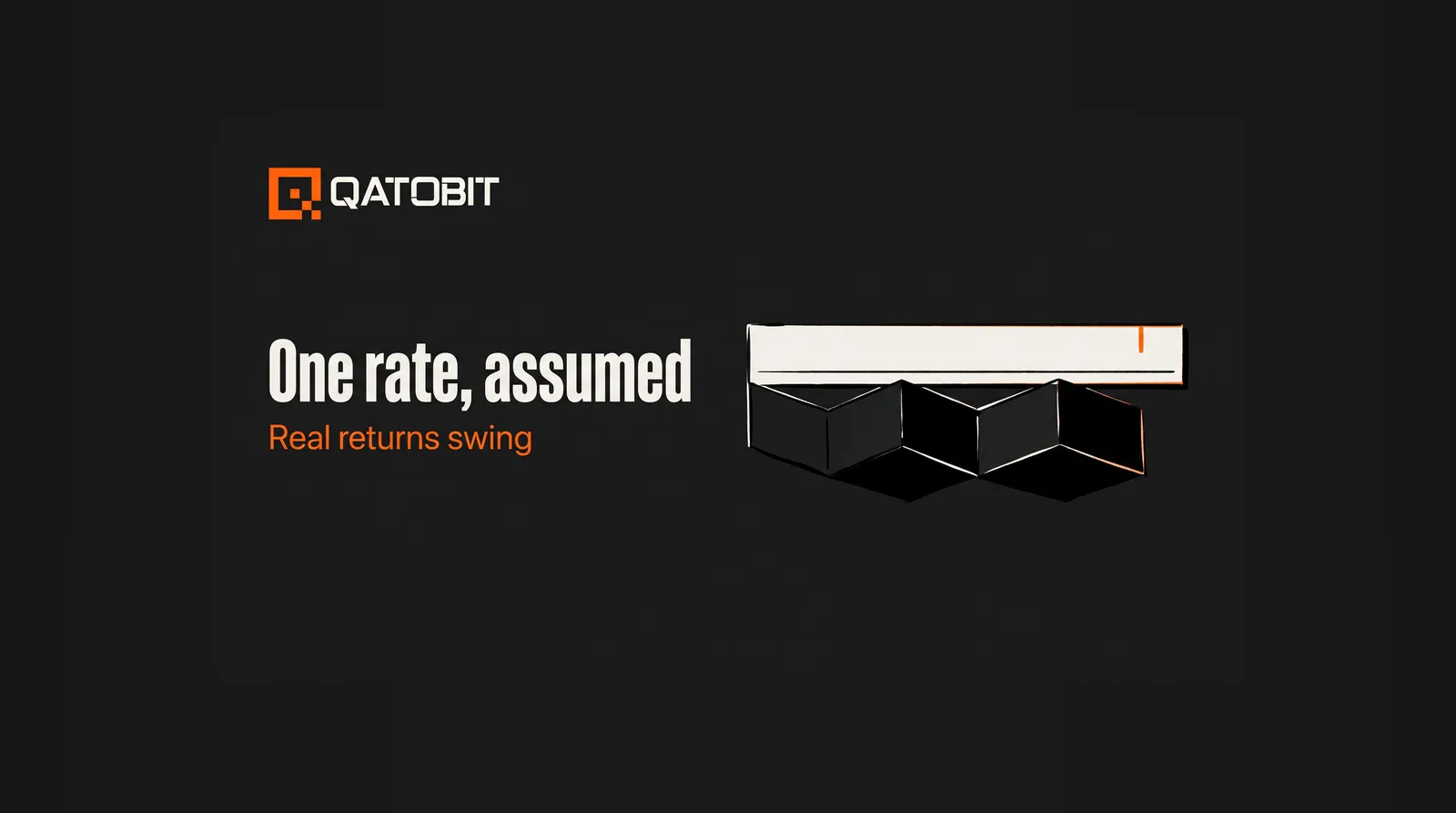 Editorial illustration of a straight ruler beside a zigzag folded strip that stops short of the ruler's orange tick, with the words One rate, assumed and Real returns swing