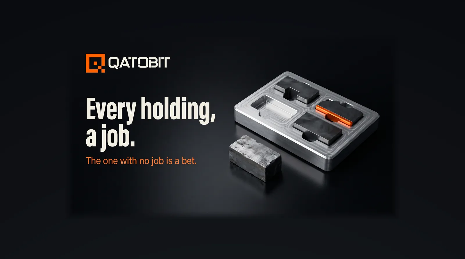 A fitted machined tool tray with four cut-outs, three holding parts that fit, and one rough steel block lying loose outside it