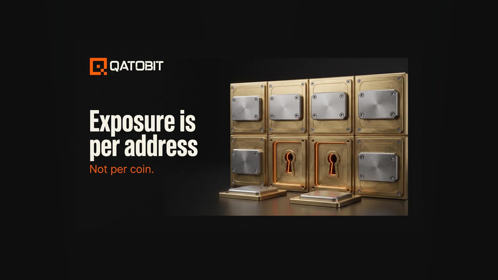 Skeuomorphic wall of eight brass safe-deposit boxes, two with the keyhole cover plate removed and lit orange, with the headline Exposure is per address.