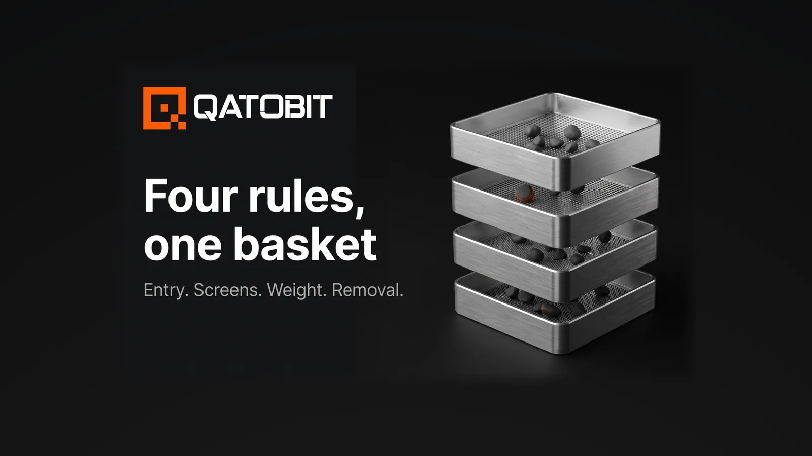 Four brushed-aluminium sieve trays stacked, each with finer mesh, one orange-edged pebble caught on the second