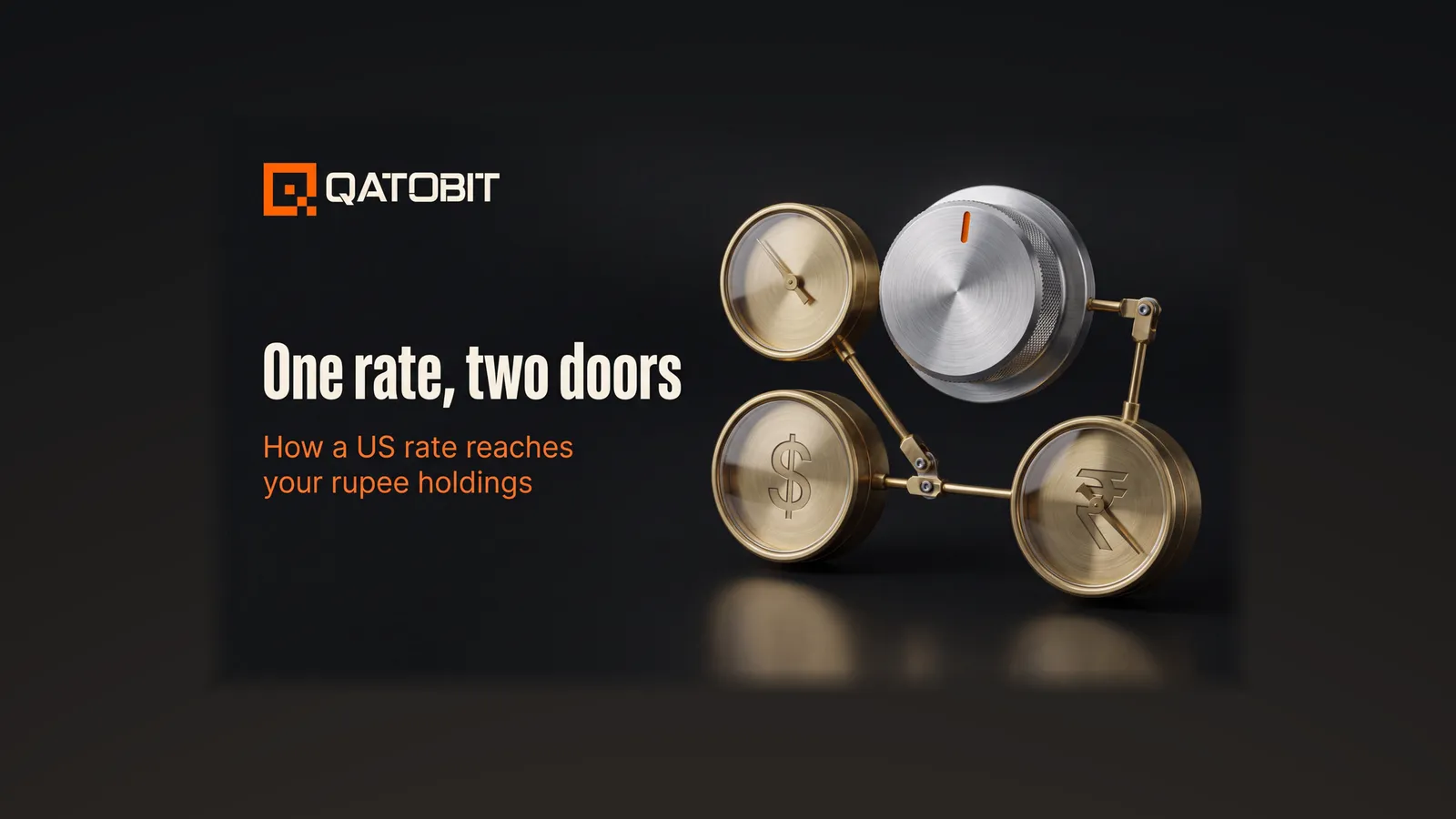 Aluminium rate dial linked by brass rods to a dollar gauge and a rupee gauge, headline One rate, two doors