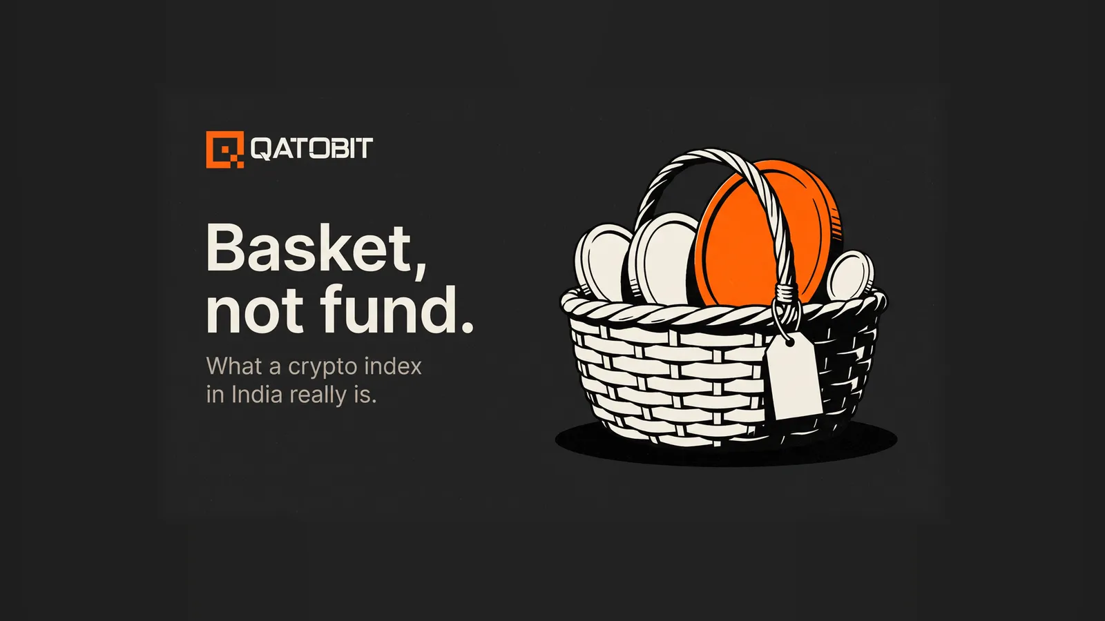 A woven basket holding five coin-like discs of different sizes, one in orange, with a blank paper tag hanging from the handle