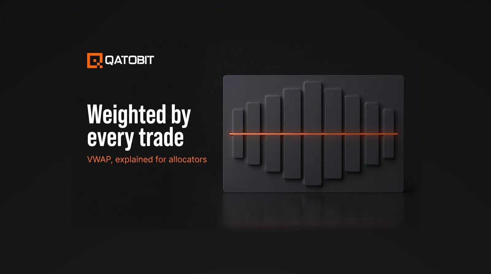 Nine soft-extruded charcoal blocks of different heights on a slab with a glowing orange rail across them, beside the headline Weighted by every trade