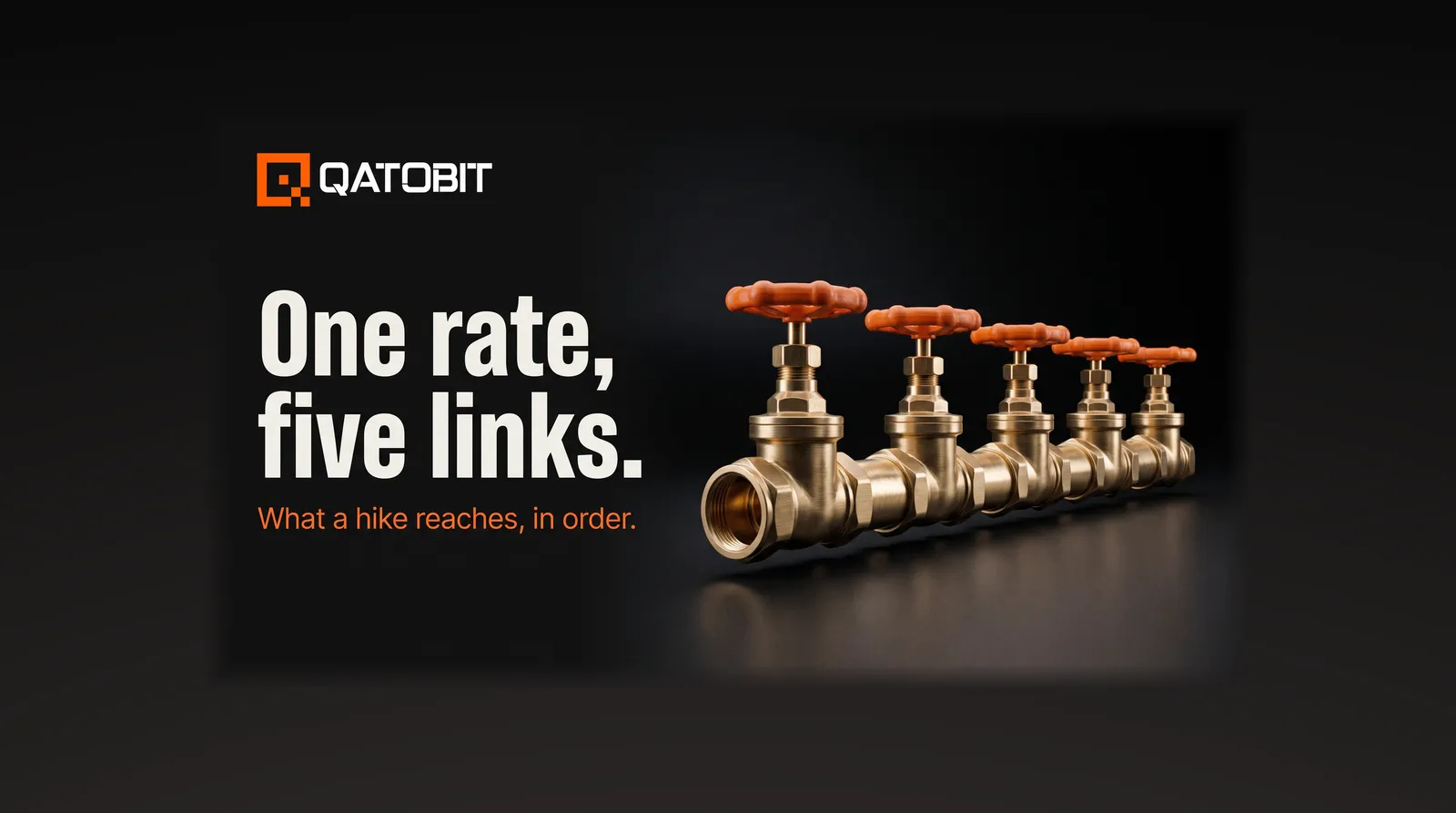A machined brass manifold with five gate valves in a row, the first fully open and the rest progressively less open, under the headline One rate, five links.