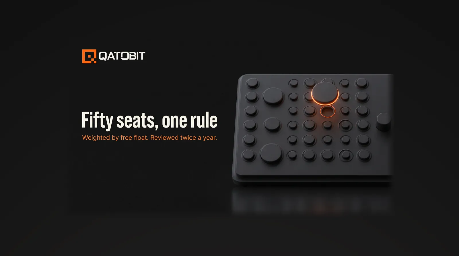 A charcoal panel of fifty raised discs of unequal size, one lifted out of its socket with an orange rim, beside the headline Fifty seats, one rule