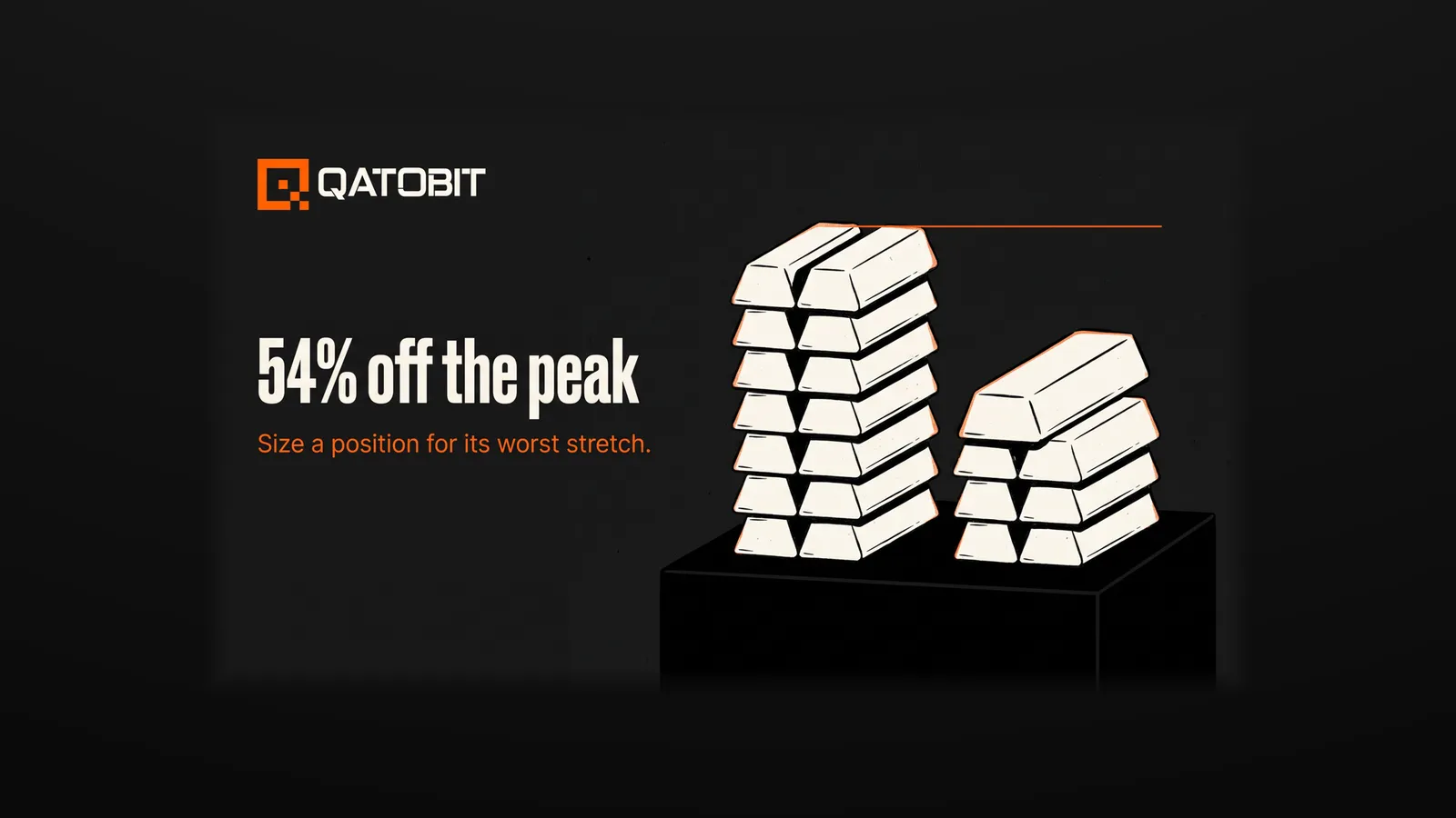 Two stacks of off-white silver ingots on a black plinth, the right stack under half the height of the left, with the words 54% off the peak and Size a position for its worst stretch.