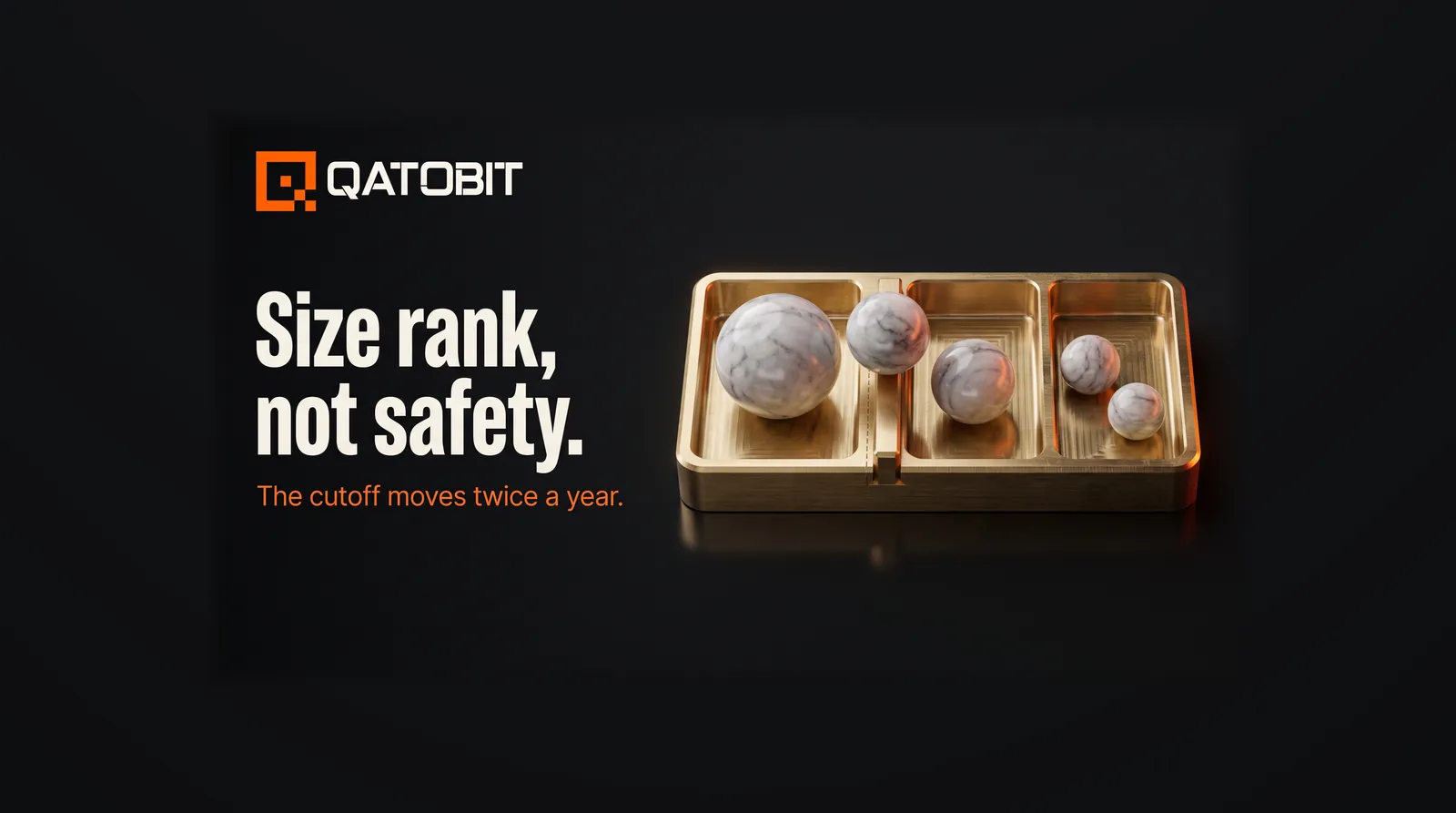 A brass sorting tray with three compartments of graded marble spheres and a movable divider, beside the headline Size rank, not safety.