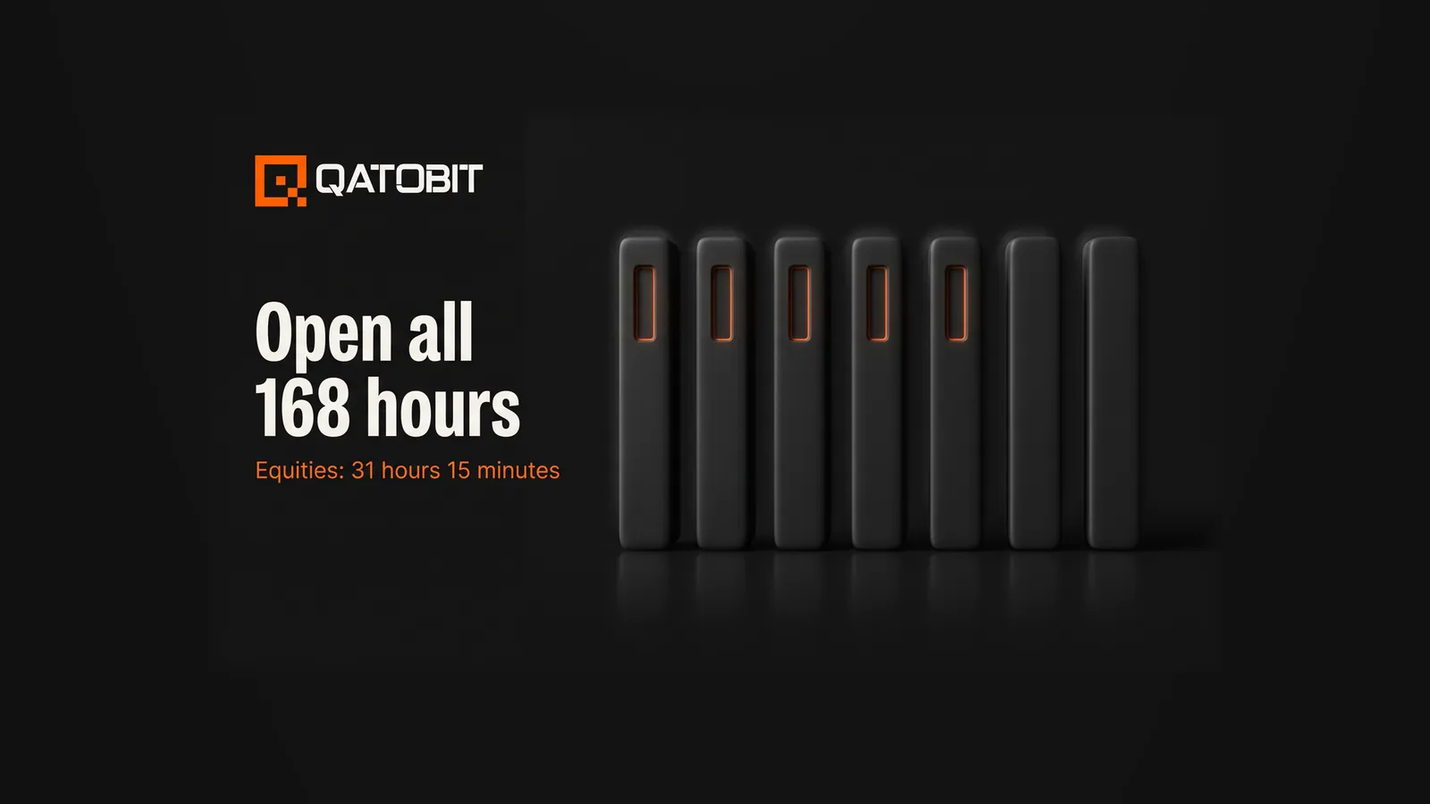 Seven matte pillars in a row, five with a small lit window near the top and two smooth, beside the words Open all 168 hours